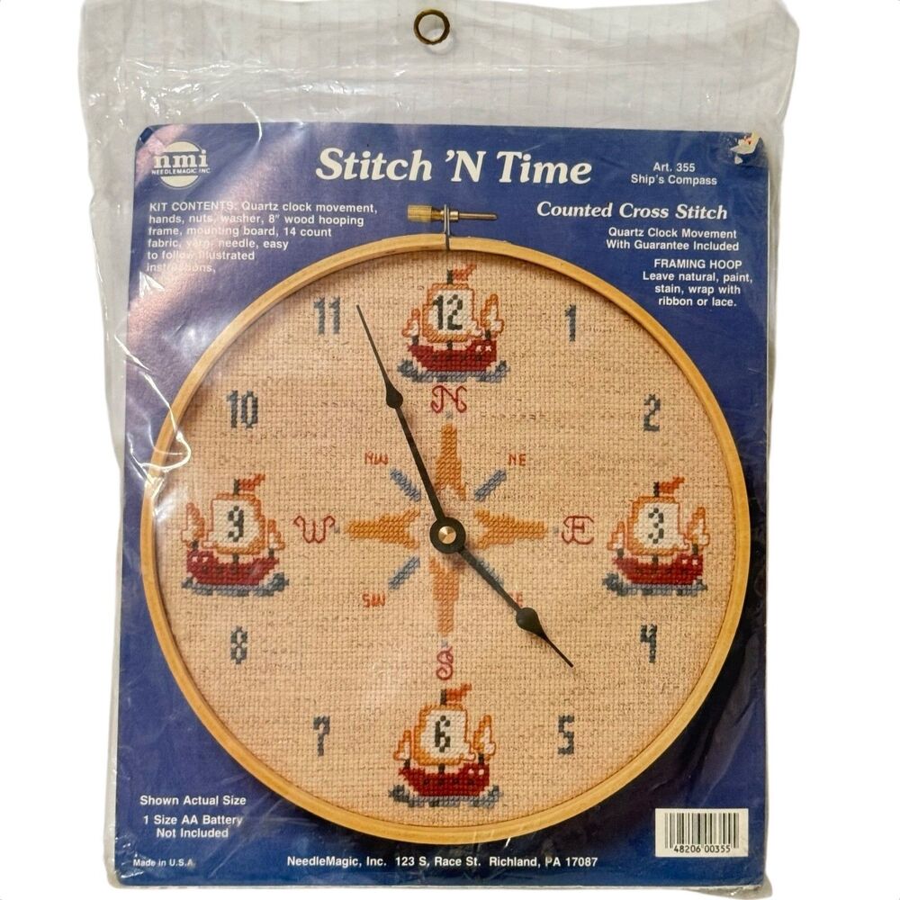 Stitch ‘N Time Ship’s Compass Counter Cross Stitch Clock Kit #355 Nautical NIP